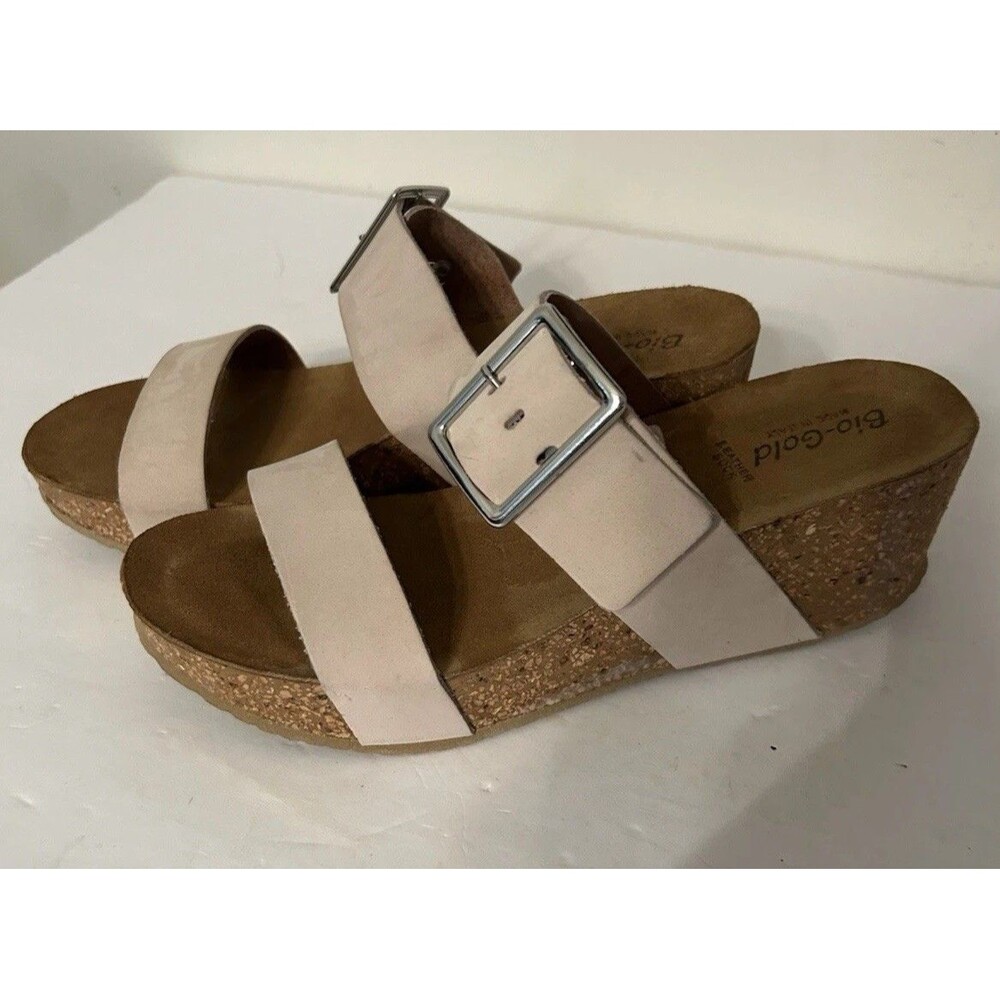 Bio-Gold Italian Leather Double Strap Buckle Cork Wedge Sandal beige Womens 9